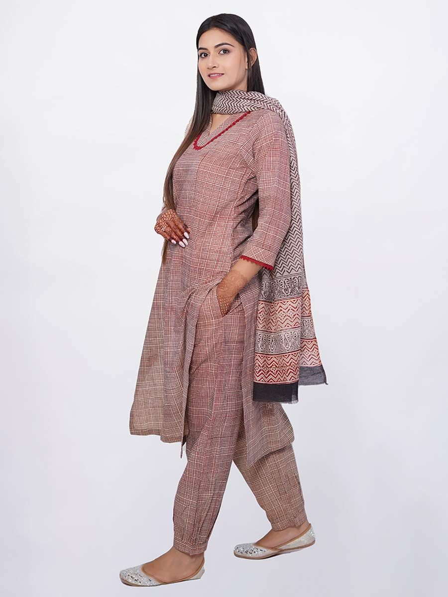 Brown Cotton Checked Print Suit Set