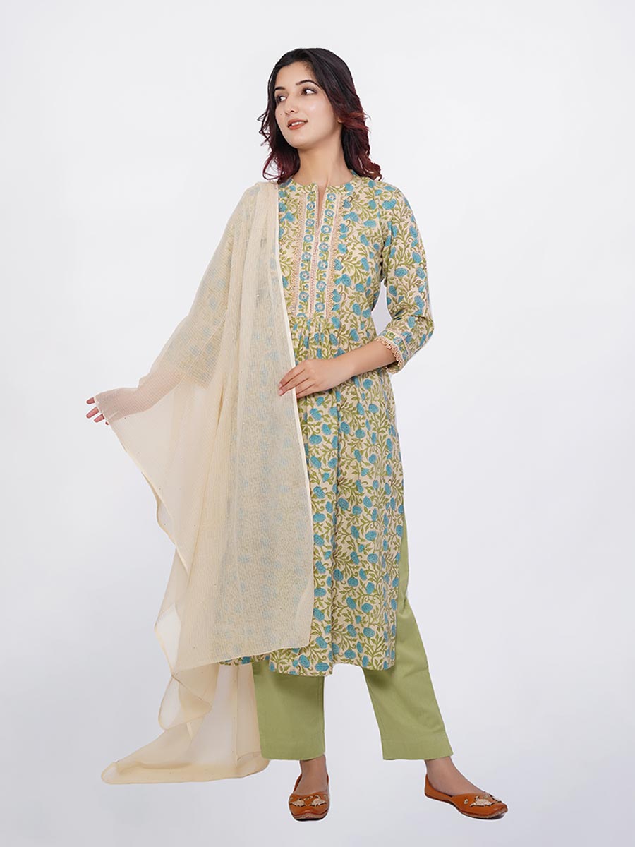 Green Cotton Bagru Print Suit Set