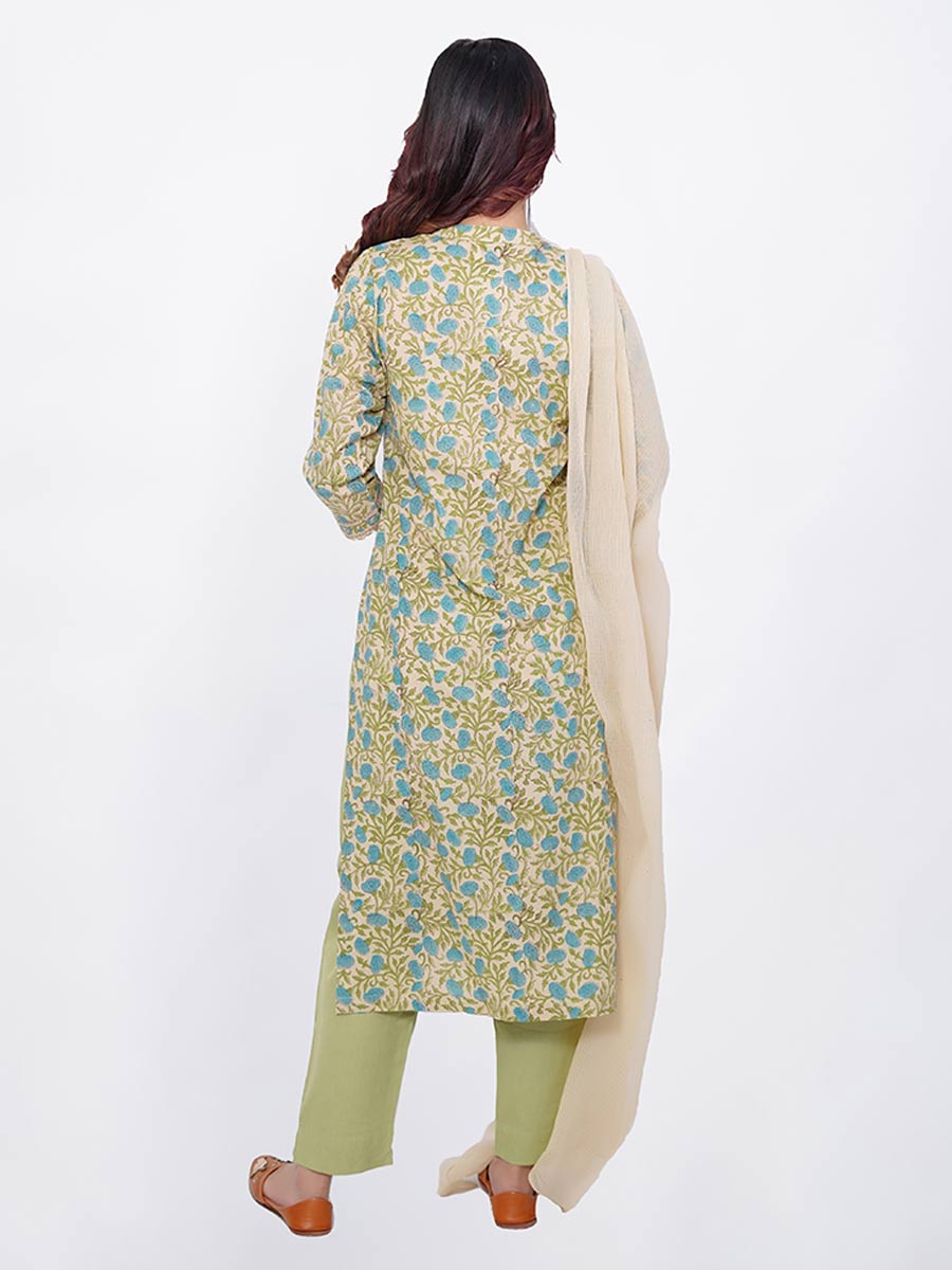 Green Cotton Bagru Print Suit Set