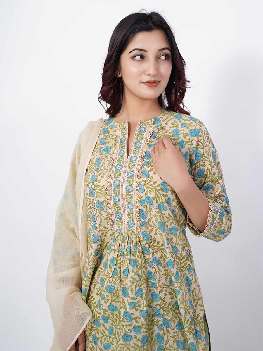Green Cotton Bagru Print Suit Set