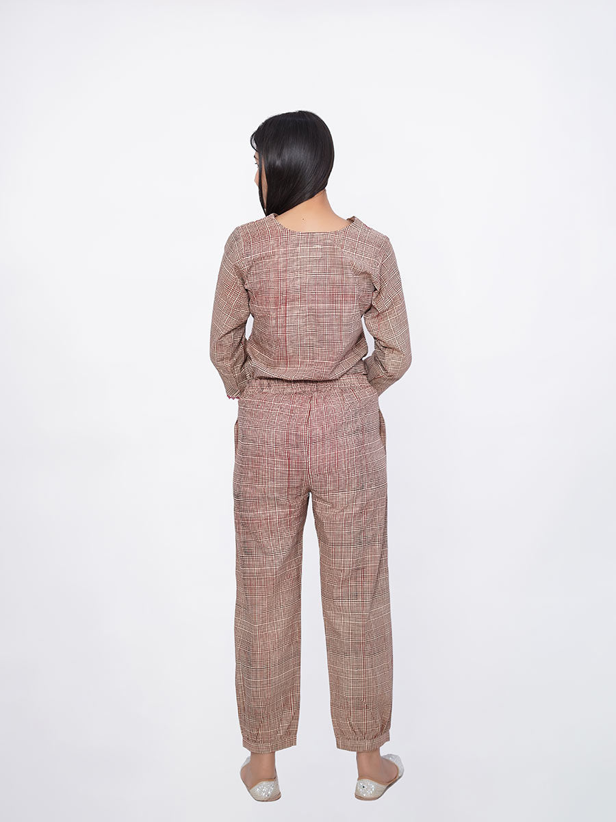 Brown Cotton Checked Print Suit Set