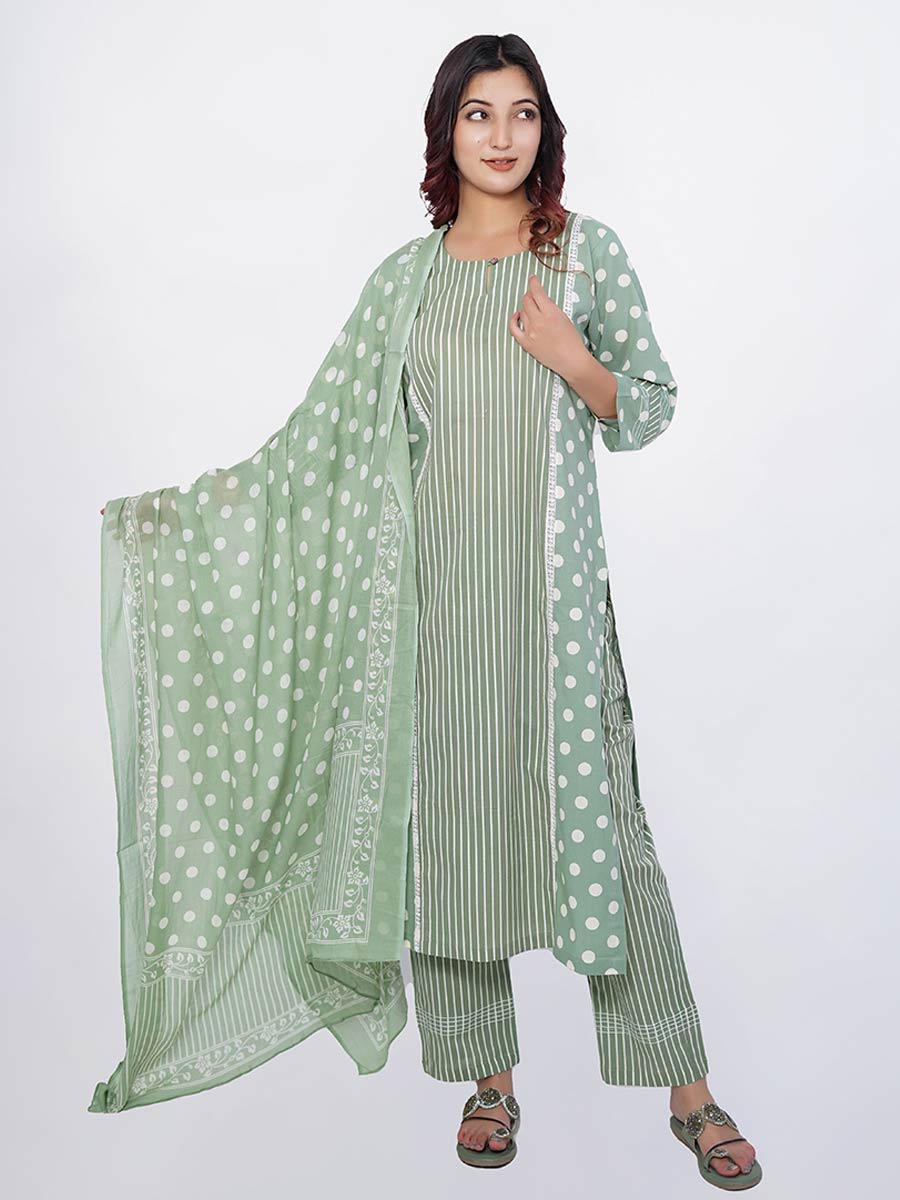 Green Cotton Polka Dot & Striped Print Suit Set