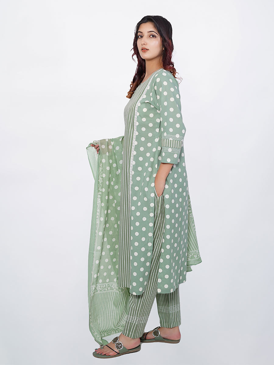 Green Cotton Polka Dot & Striped Print Suit Set