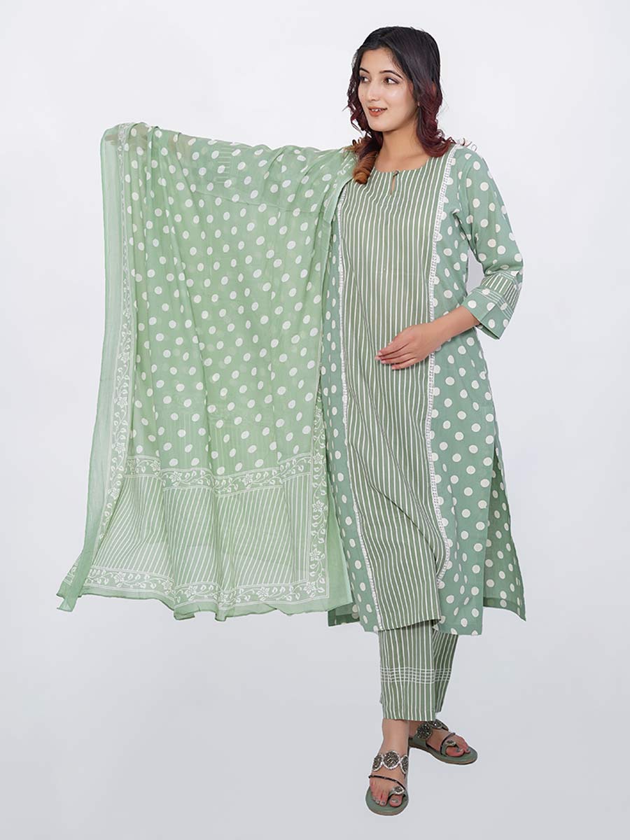Green Cotton Polka Dot & Striped Print Suit Set