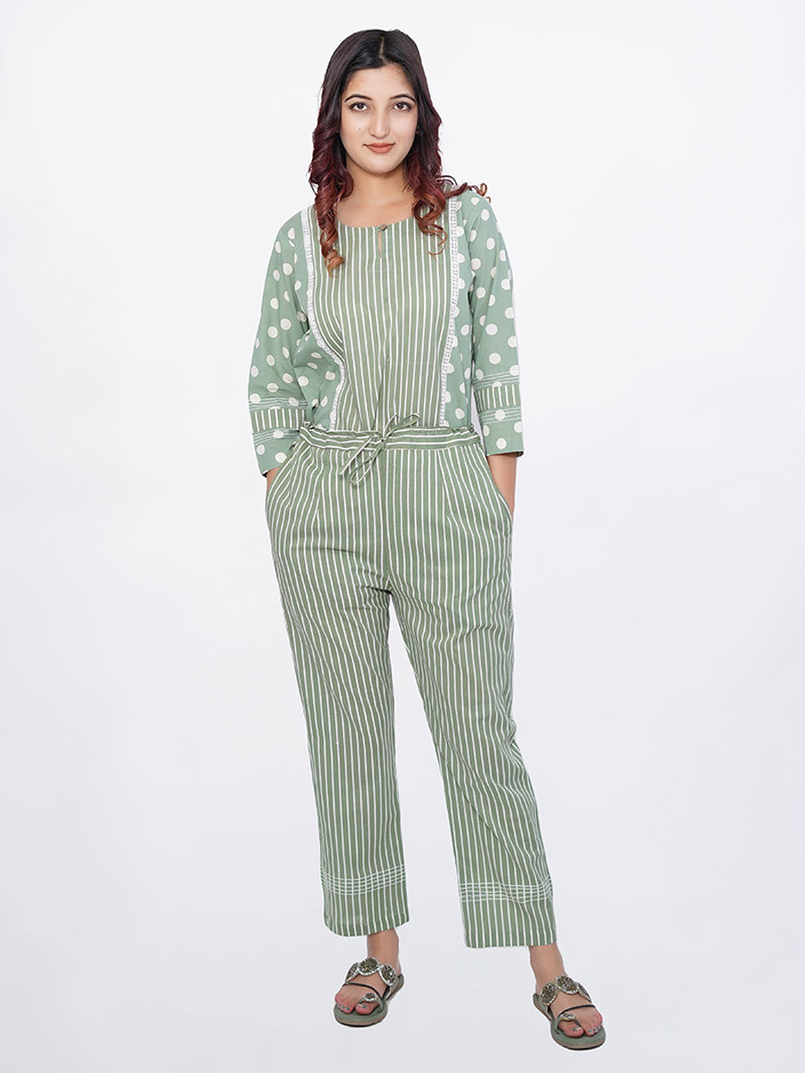 Green Cotton Polka Dot & Striped Print Suit Set