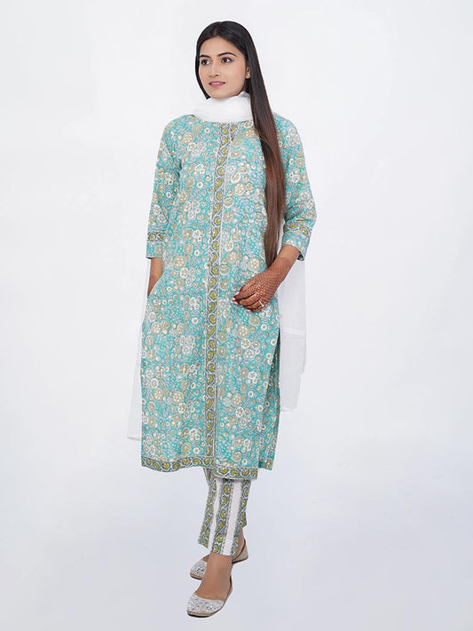 Green Cotton Bagru Print Suit Set