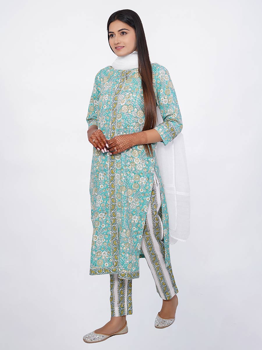 Green Cotton Bagru Print Suit Set