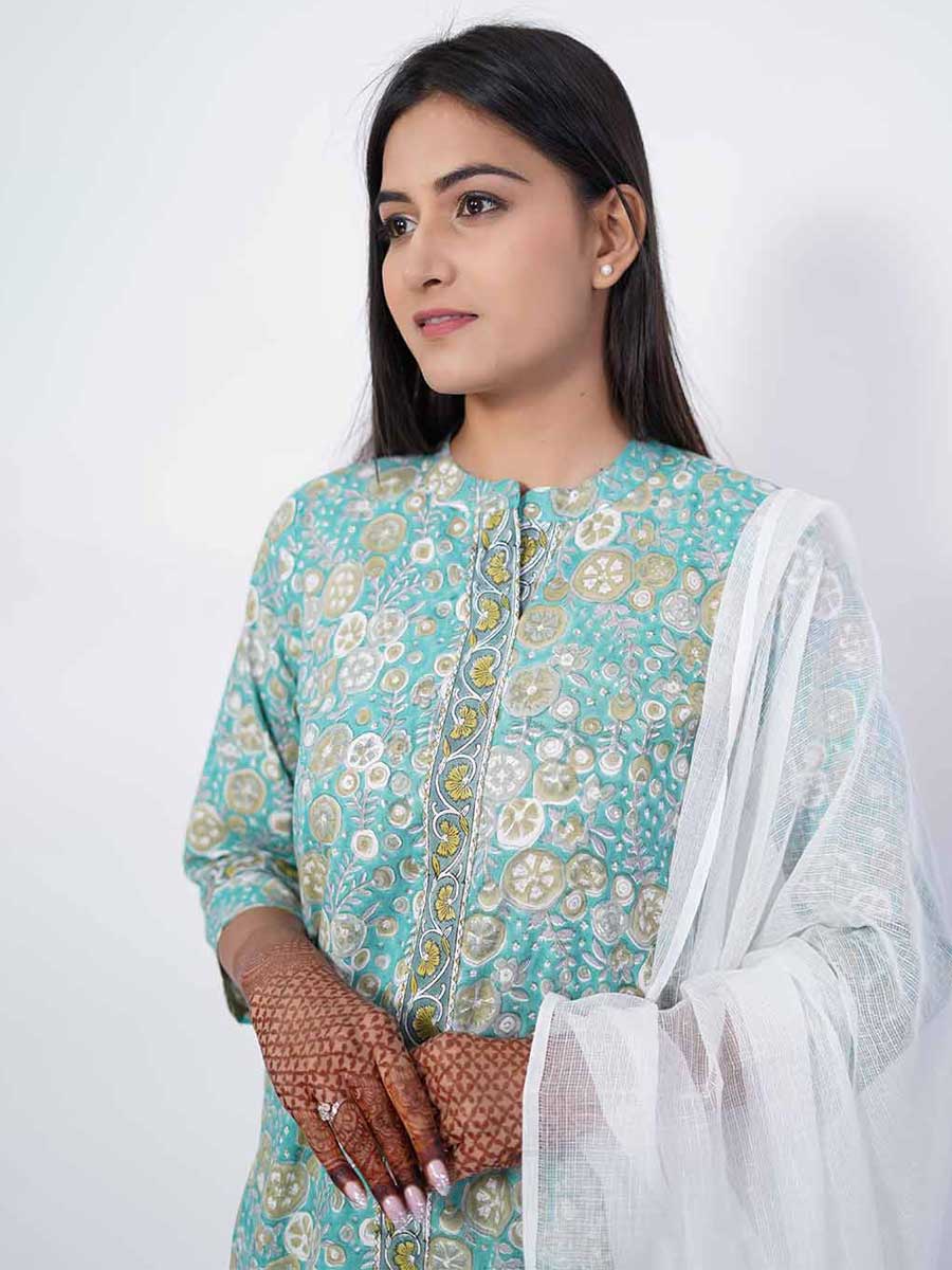 Green Cotton Bagru Print Suit Set