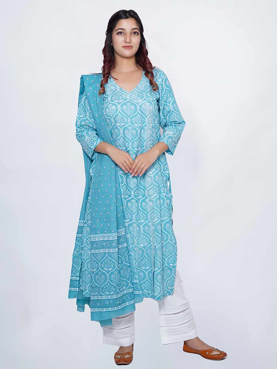 Blue Cotton Block Print Suit Set
