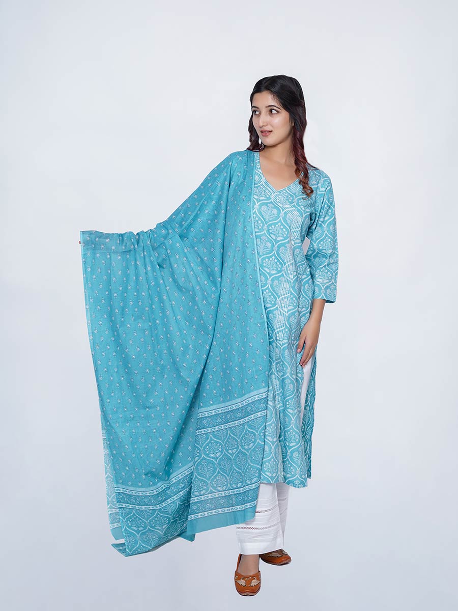 Blue Cotton Block Print Suit Set