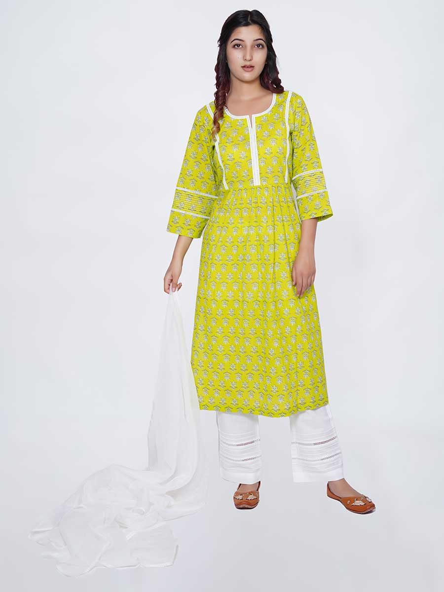 Green Cotton Block Print Suit Set