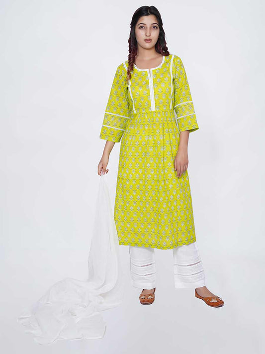 Green Cotton Block Print Suit Set