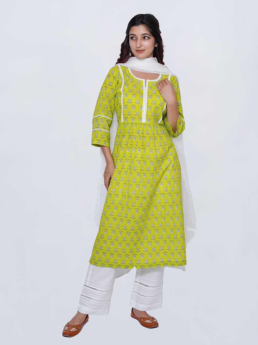 Green Cotton Block Print Suit Set