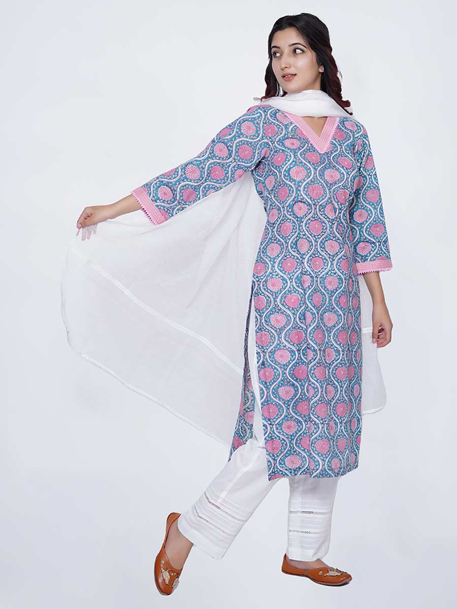 Blue Cotton Block Print Suit Set