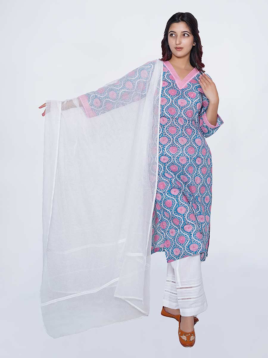 Blue Cotton Block Print Suit Set