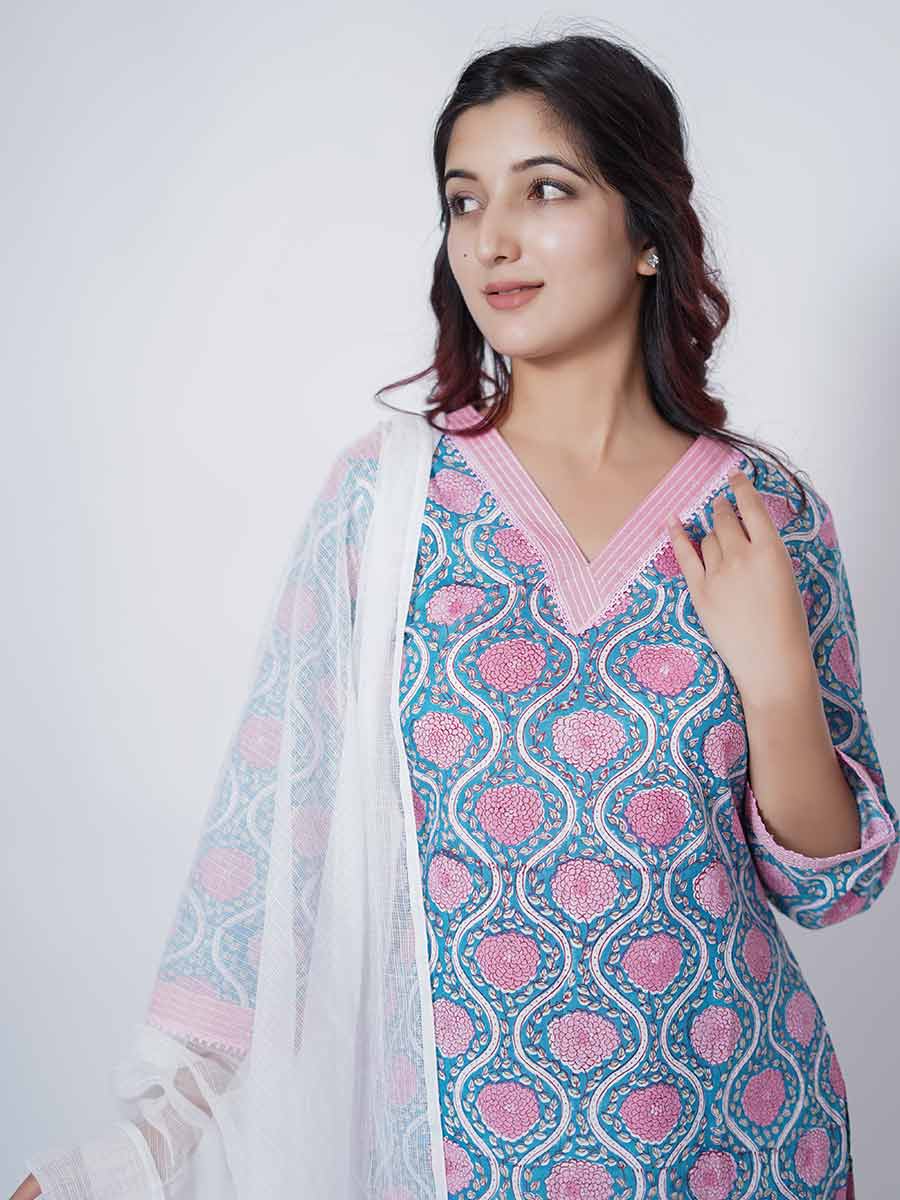 Blue Cotton Block Print Suit Set