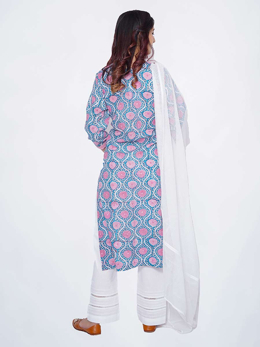Blue Cotton Block Print Suit Set