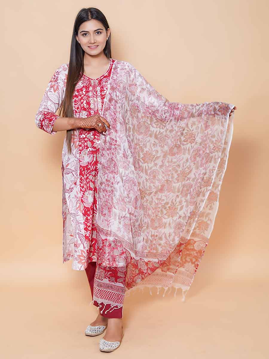 Red Cotton Kalamkari Print Suit Set
