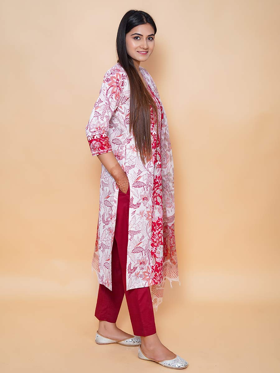 Red Cotton Kalamkari Print Suit Set