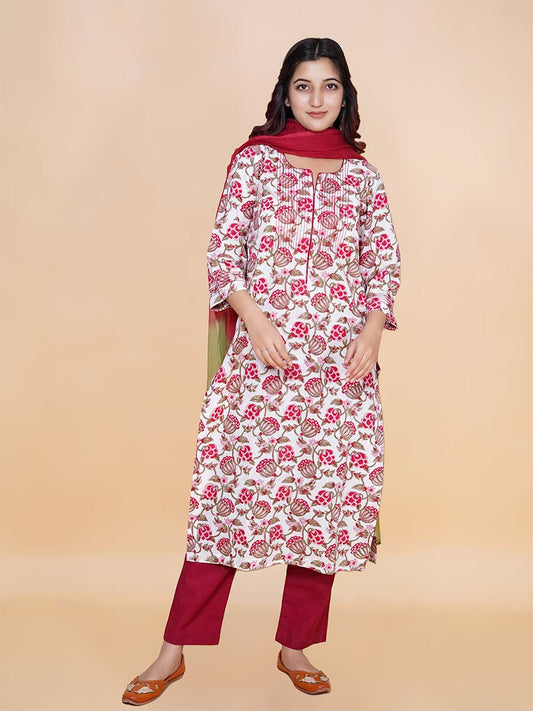 Red Cotton Kalamkari Print Suit Set