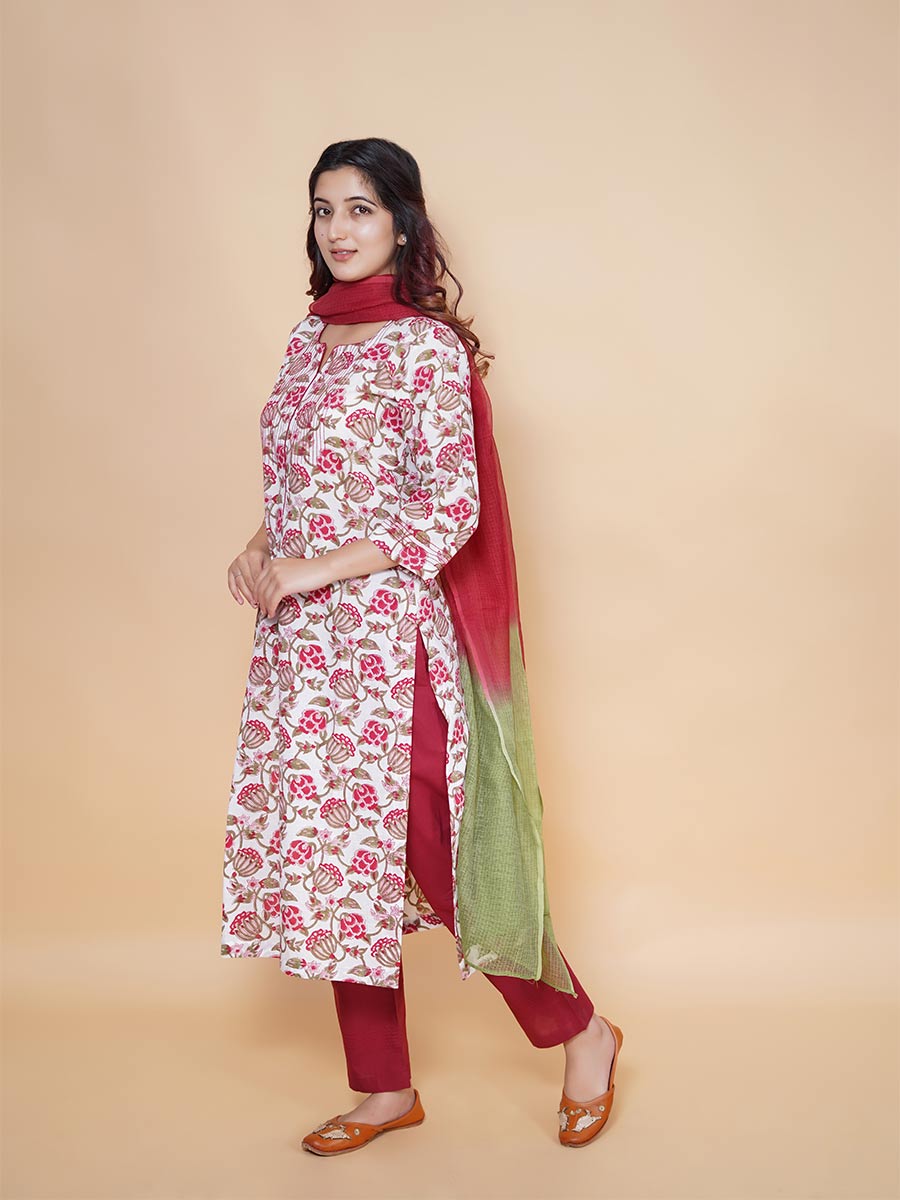Red Cotton Kalamkari Print Suit Set