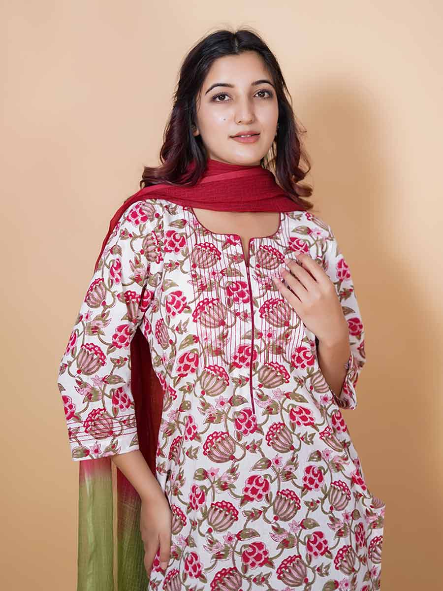 Red Cotton Kalamkari Print Suit Set