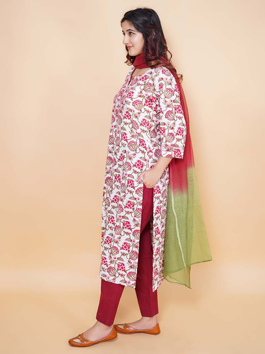 Red Cotton Kalamkari Print Suit Set