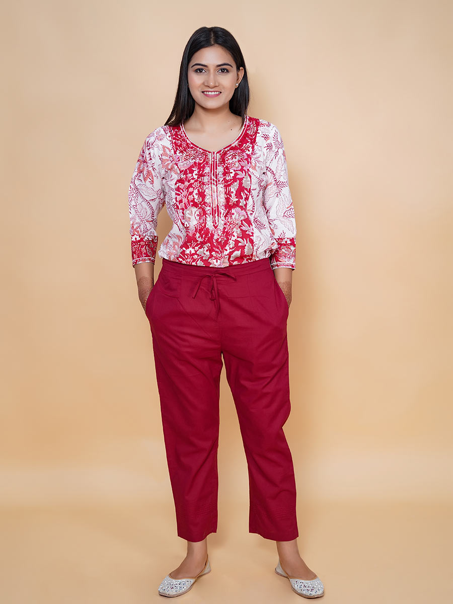 Red Cotton Kalamkari Print Suit Set