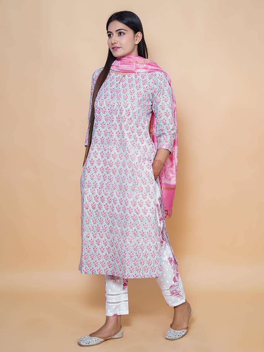 Pink Cotton Printed Dupatta