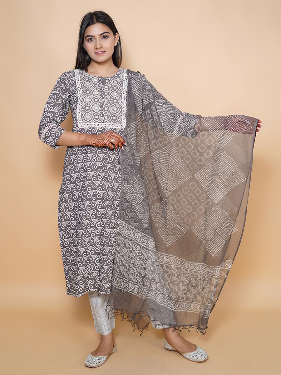 Grey Cotton Block Print Suit Set