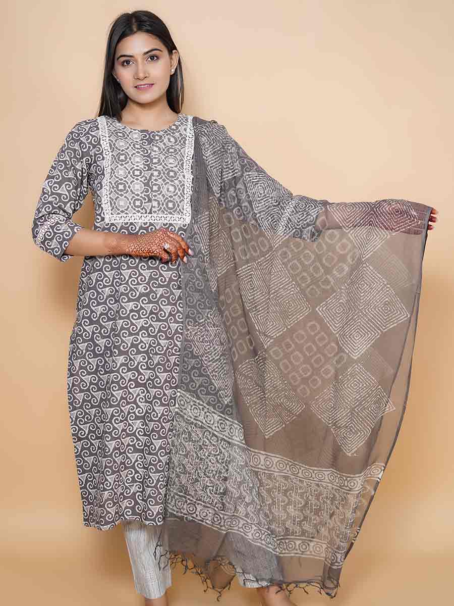 Grey Printed Kota Doria Dupatta