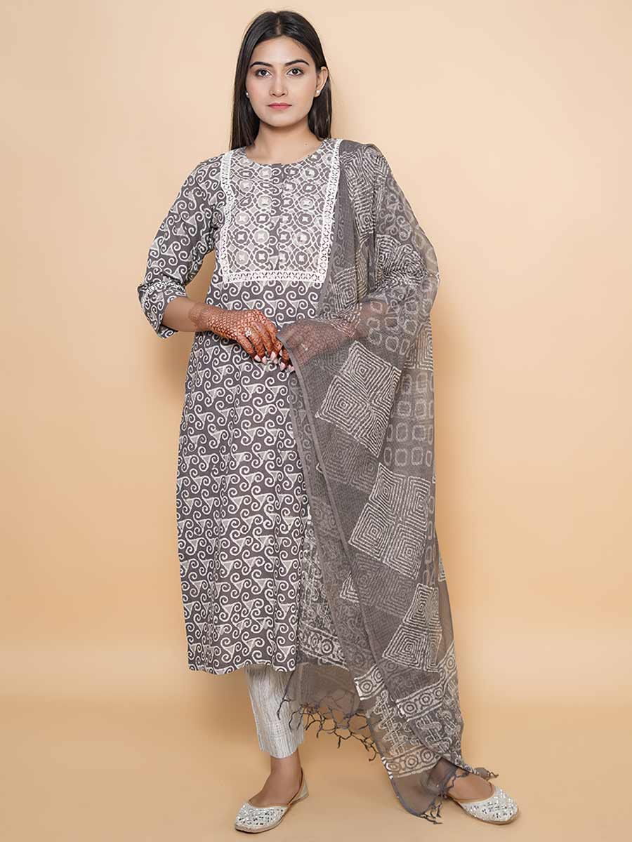 Grey Cotton Block Print Suit Set