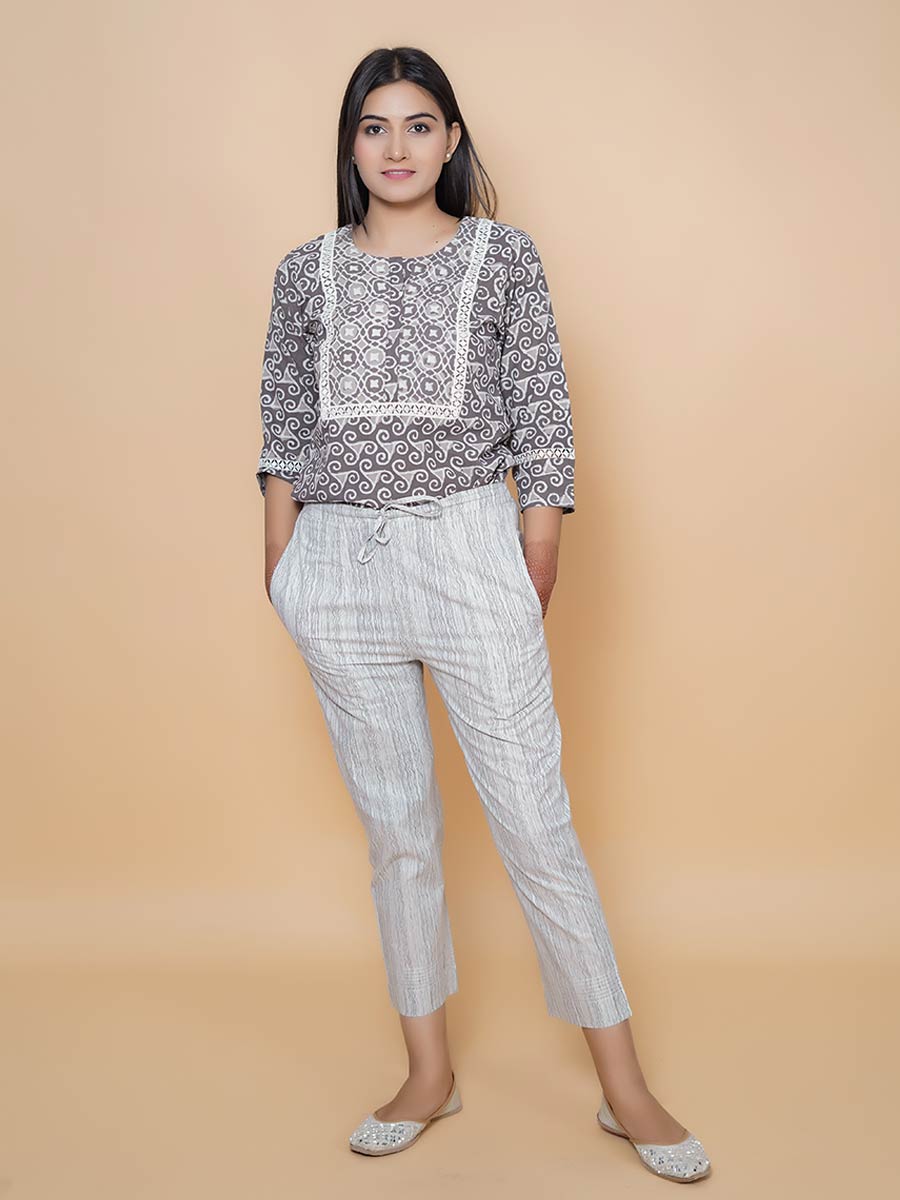Grey Cotton Block Print Suit Set