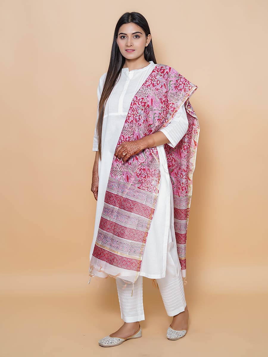 White Cotton Kalamkari Print Suit Set
