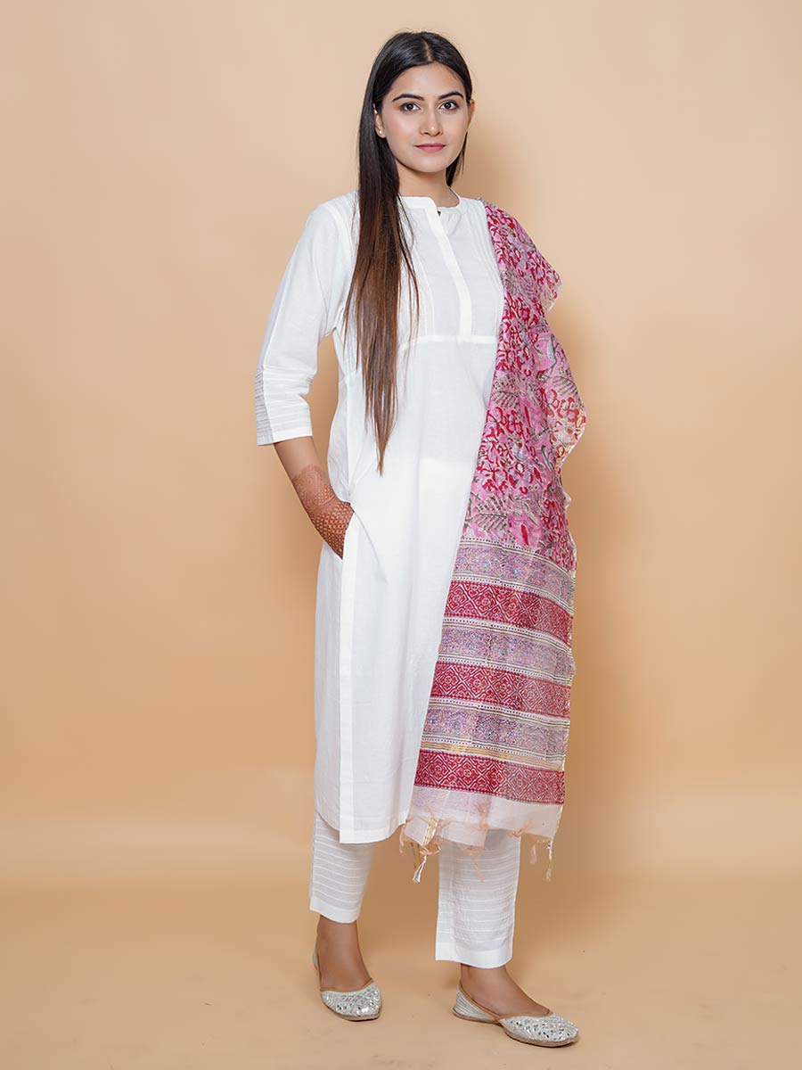White Cotton Kalamkari Print Suit Set