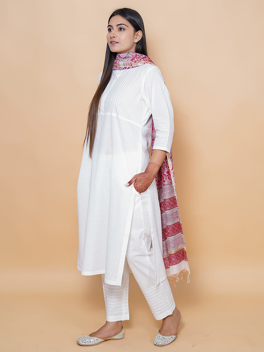White Cotton Kalamkari Print Suit Set