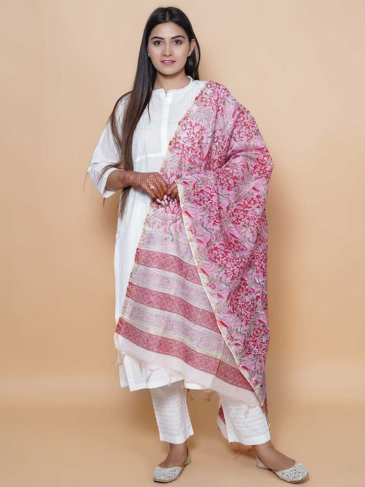Pink Printed Maheshwari Silk Dupatta