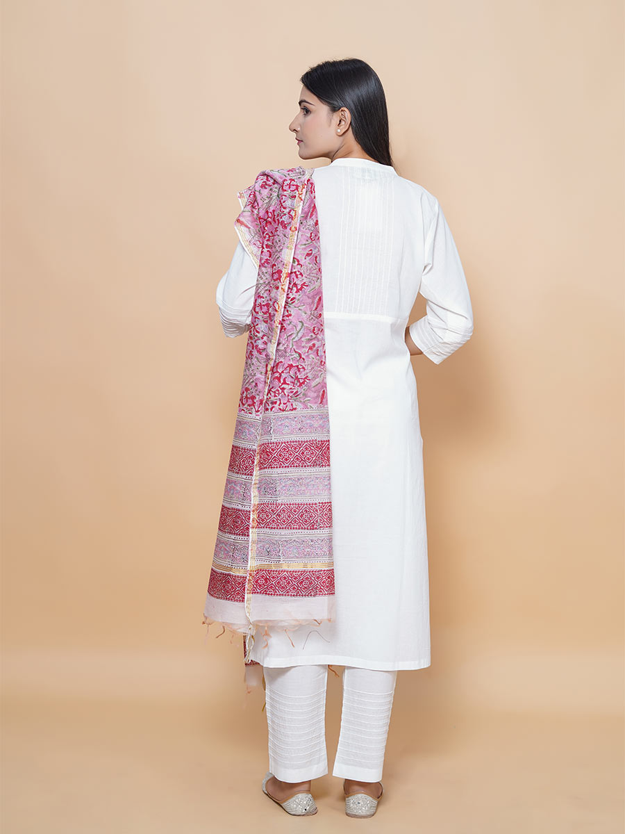White Cotton Kalamkari Print Suit Set