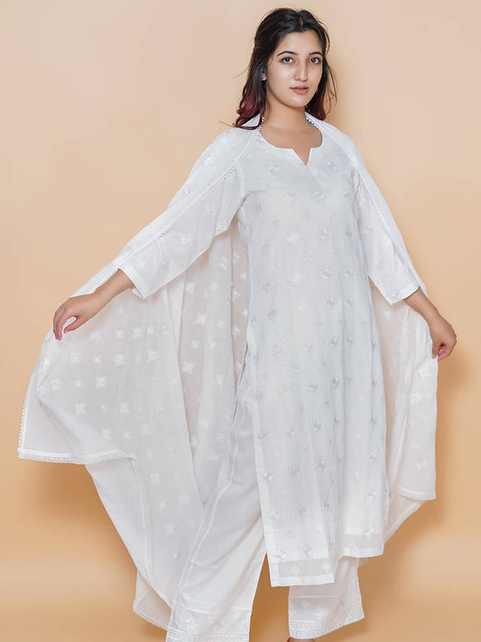 White Machine Work Linen Dupatta