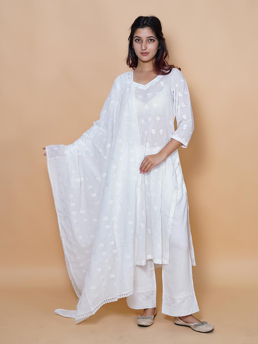 White Machine Work Linen Dupatta