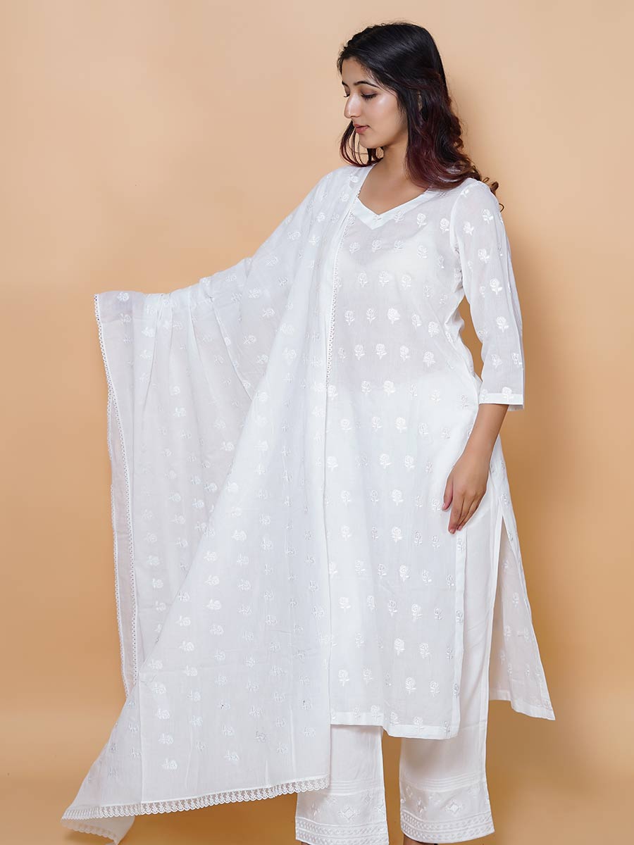 White Machine Work Linen Dupatta