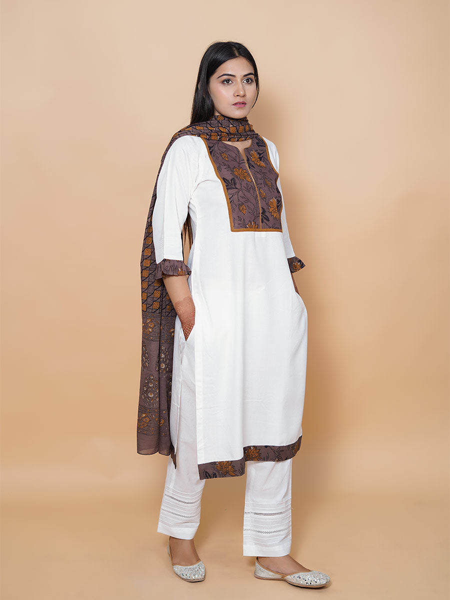 White Cotton Dabu Print Suit Set