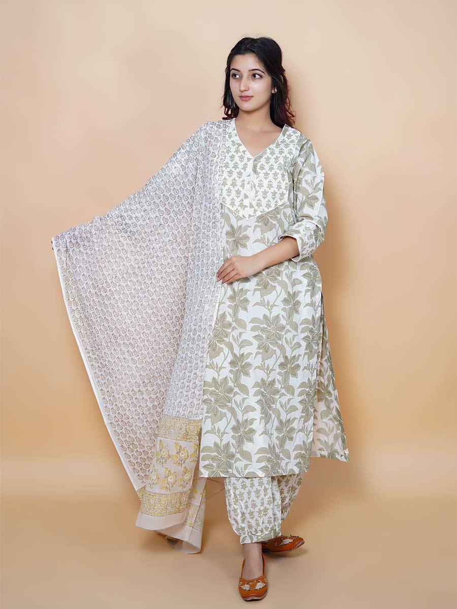Green Cotton Block Print Suit Set