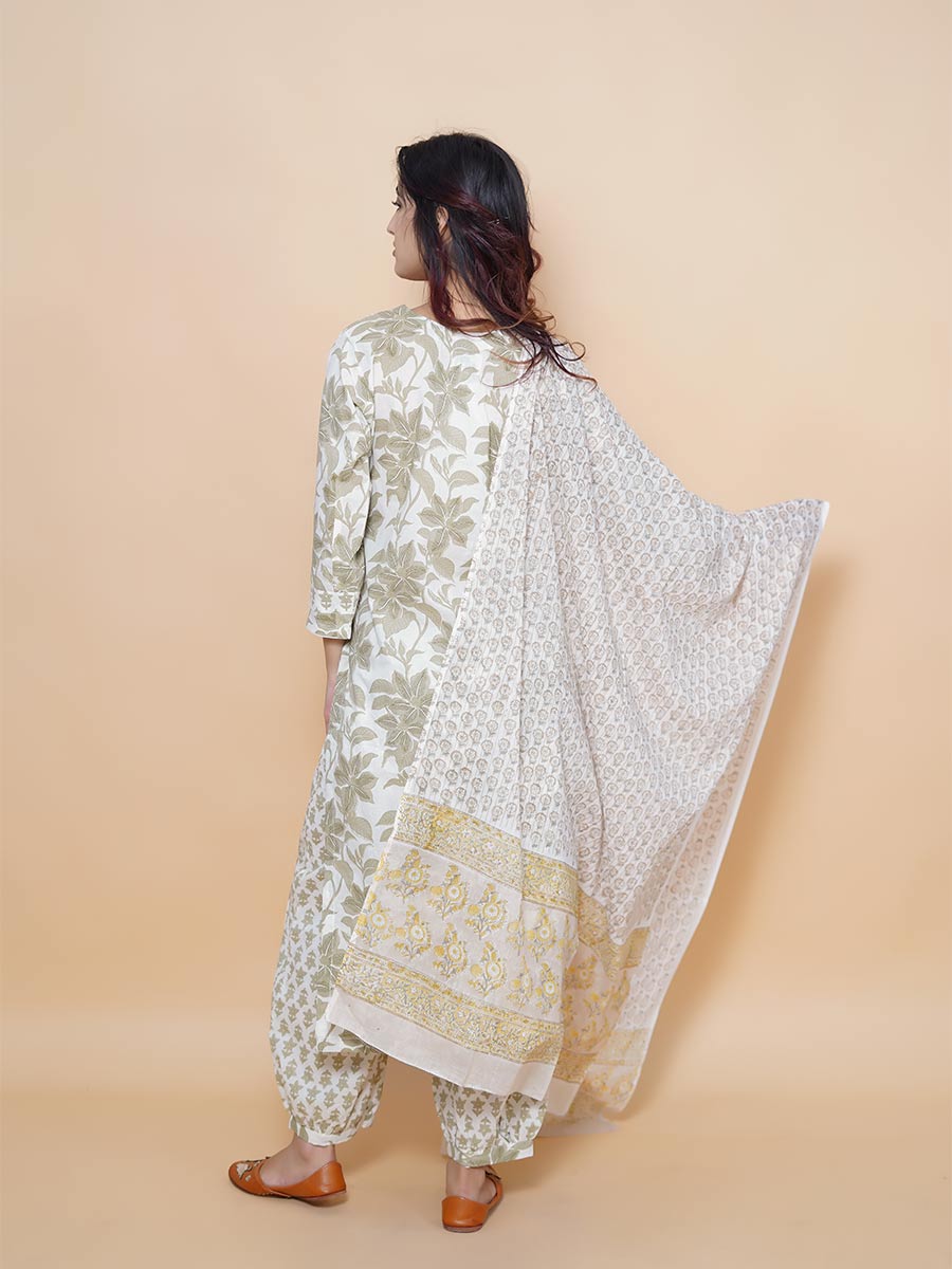 Green Cotton Block Print Suit Set