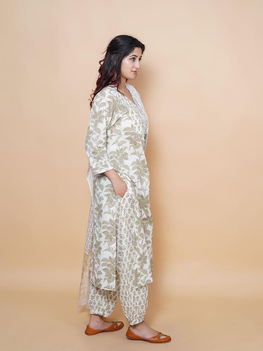Green Cotton Block Print Suit Set