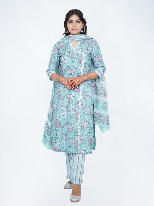 Blue Cotton Dabu Print Suit Set
