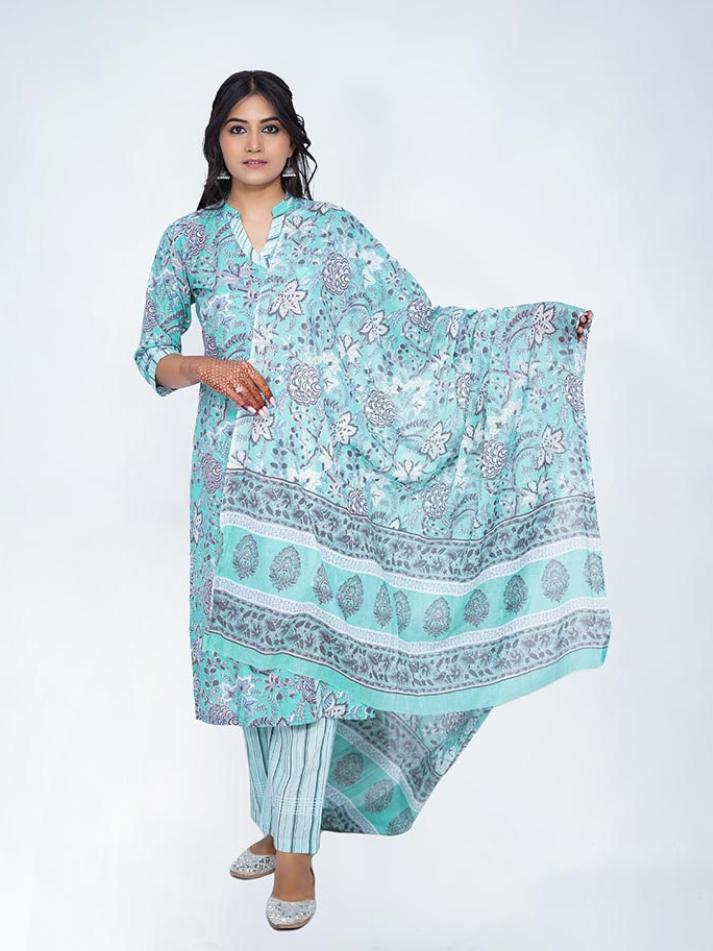 Blue Cotton Dabu Print Suit Set