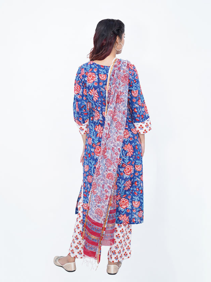 Blue Cotton Block & Kalamkari Print Suit Set