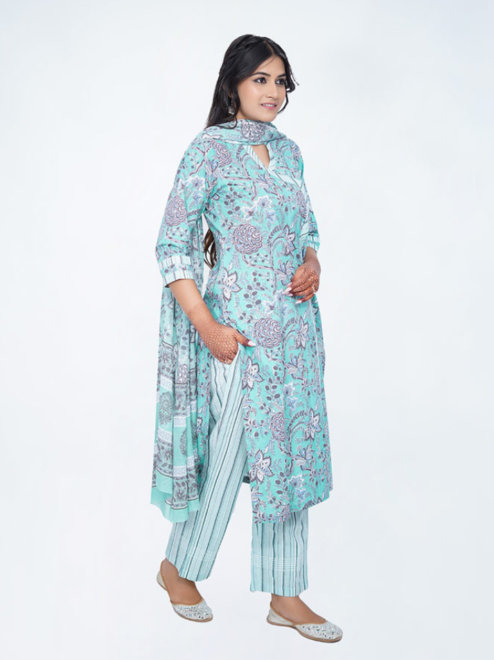 Blue Cotton Dabu Print Suit Set