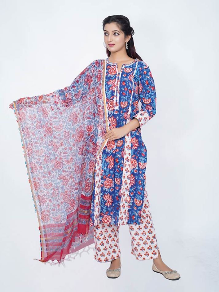 Blue Cotton Block & Kalamkari Print Suit Set